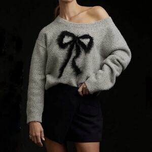 Maeve Bow Icon Sparkle Grey Bow Sweater Womens Medium Knit